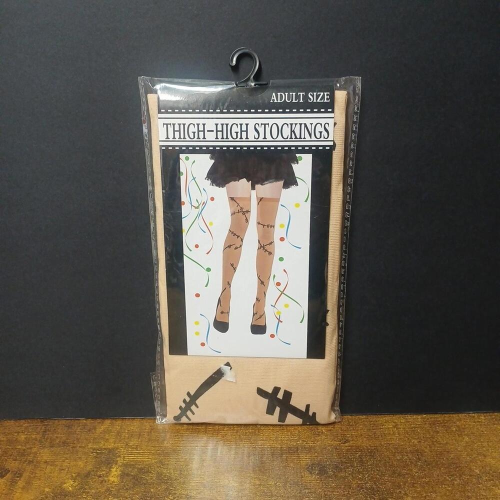 Womens Thigh High Stockings Frankenstein Black Red White, One Size Fits Most